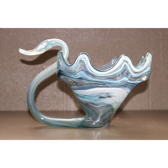 1970s Sooner Glass Multi Color Blue Swirl Swan Bowl with Ruffled Rim - Picture 1 of 9